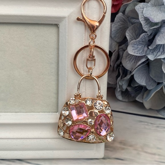Gorgeous Gold Handbag with Pink Crystals Keychain - Picture 2 of 13